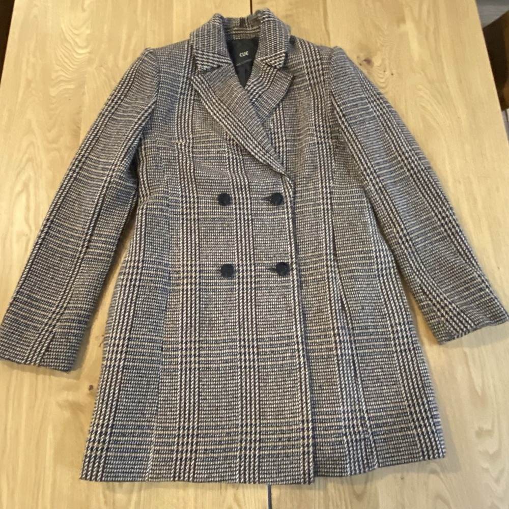 Cue double-breasted houndstooth coat Womens Size‎ 8 Mid Length Beige Black